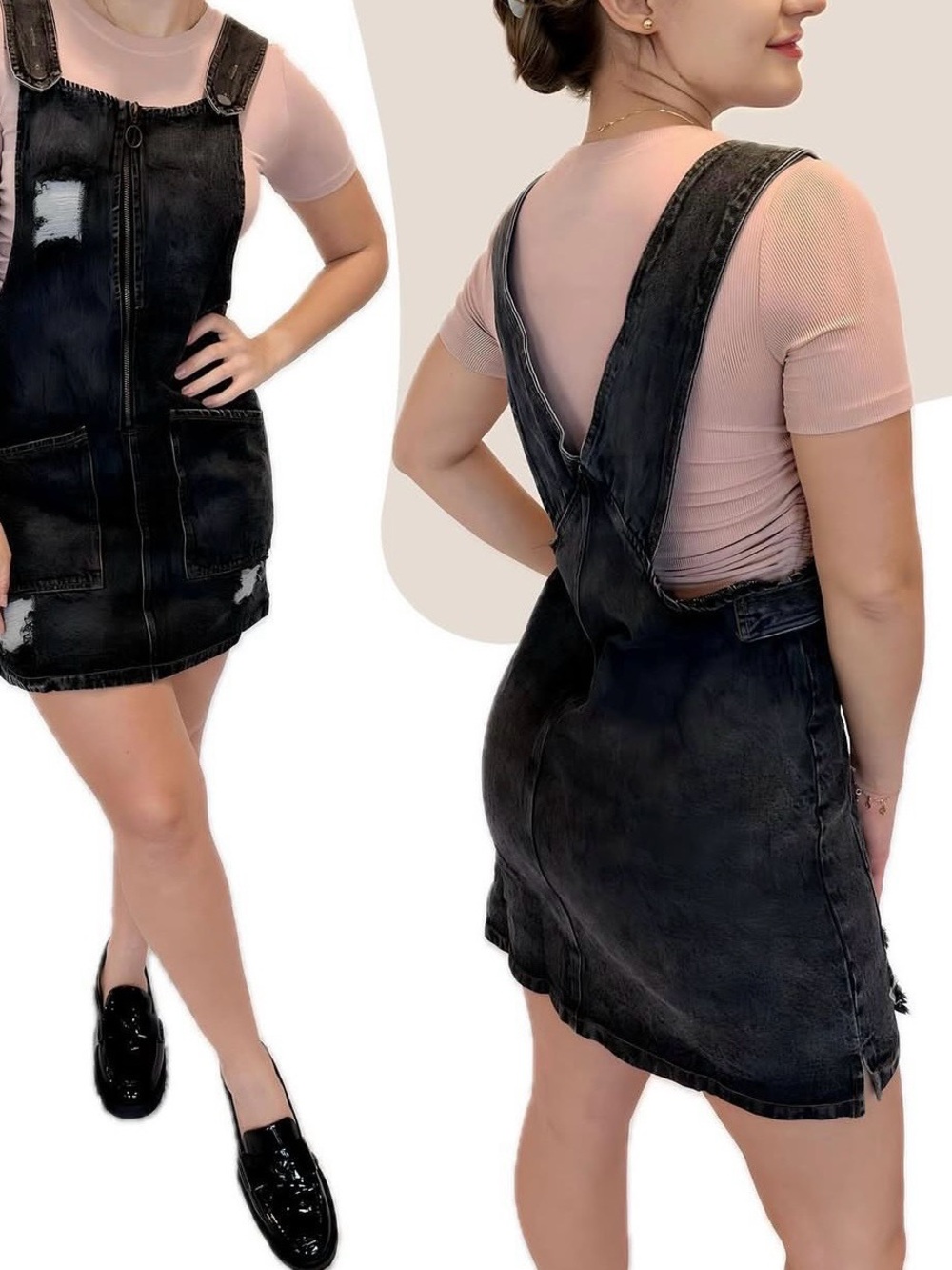 Washed Black Denim Overall Dress for Women